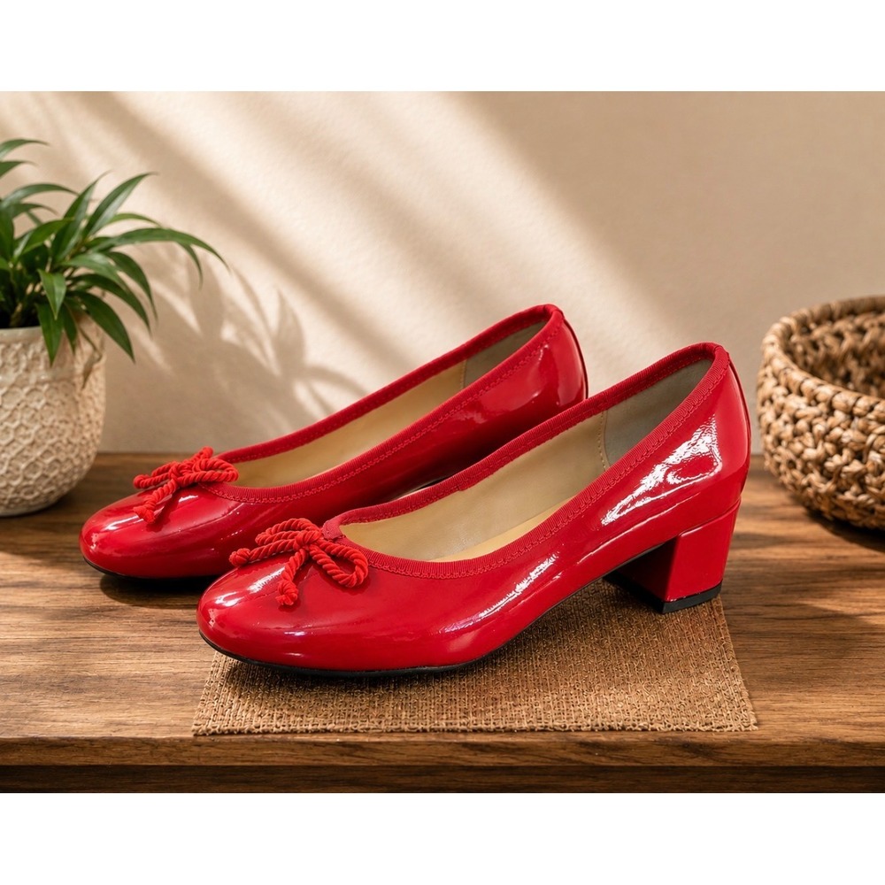 NEW C.Paravano Red Patent Leather Block Heel Pumps Bow woman 8 balletcore retro